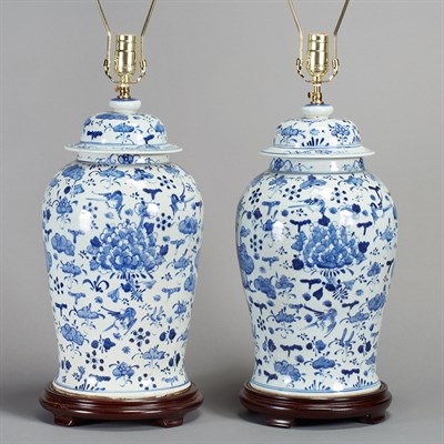 Lot 598 - Pair of Chinese Blue and White Porcelain Lamps...