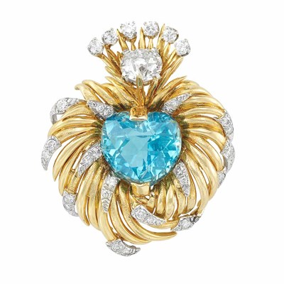 Lot 75 - Gold, Platinum, Aquamarine and Diamond Clip-Brooch