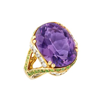 Lot 275 - Gold, Amethyst, Diamond and Demantoid Garnet Ring