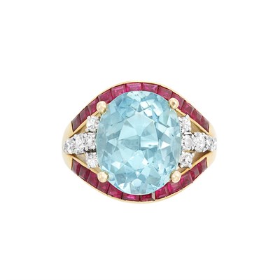 Lot 73 - Gold, Platinum, Aquamarine, Ruby and Diamond Ring