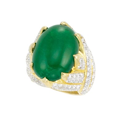 Lot 373 - Two-Color Gold, Cabochon Emerald and Diamond Ring