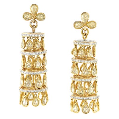 Lot 73 - Pair of Two-Color Gold and Diamond Pendant-Earrings