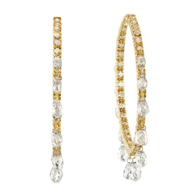 Lot 8 - Pair of Gold, Diamond and Diamond Briolette Fringe Hoop Earrings