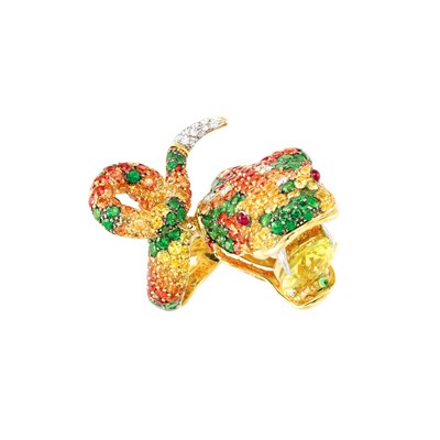 Lot 233 - Gold, Yellow Sapphire and Multicolored Stone Snake Ring