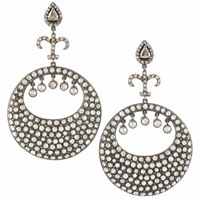 Lot 1192 - Pair of Blackened Silver and Diamond Pendant-Earrings