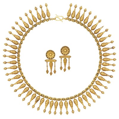 Lot 157 - Archaeological Revival Gold Fringe Necklace and Pair of Pendant-Earclips
