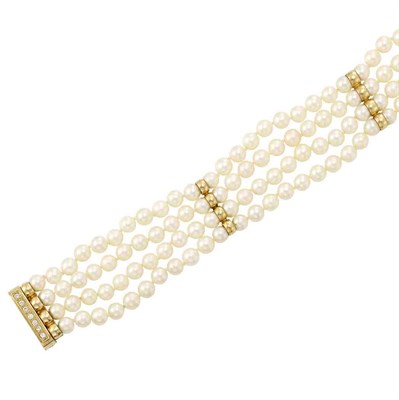 Lot 1080 - Four Strand Cultured Pearl, Gold and Diamond Necklace
