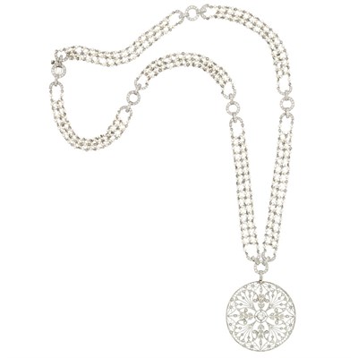 Lot 353 - Belle Epoque Platinum, Seed Pearl and Diamond Sautoir