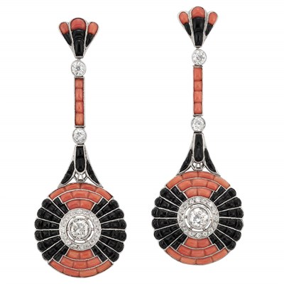Lot 98 - Pair of Platinum, Diamond, Black Onyx and Coral Pendant-Earrings
