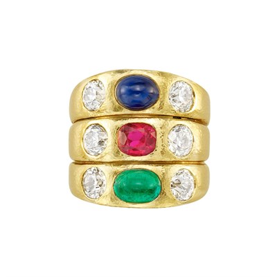 Lot 248 - Hammered Gold, Gem-Set and Diamond Triple Band Gypsy Ring, David Webb
