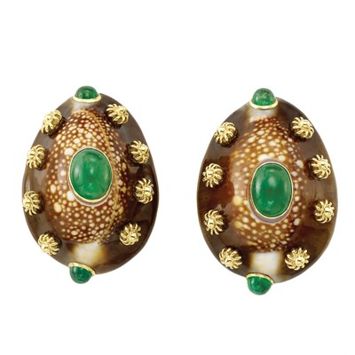 Lot 182 - Pair of Gold, Shell and Cabochon Emerald Earclips, by Trianon