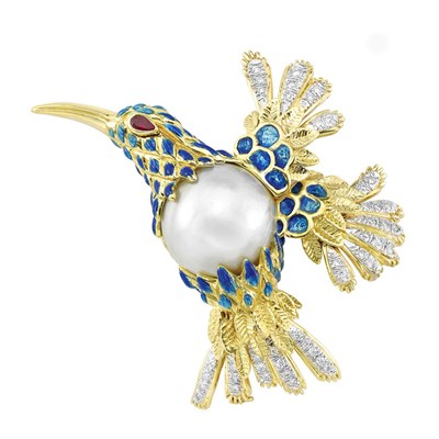 Lot 191 - Gold, Platinum, South Sea Cultured Pearl, Diamond, Ruby and Enamel Hummingbird Clip-Brooch, David Webb