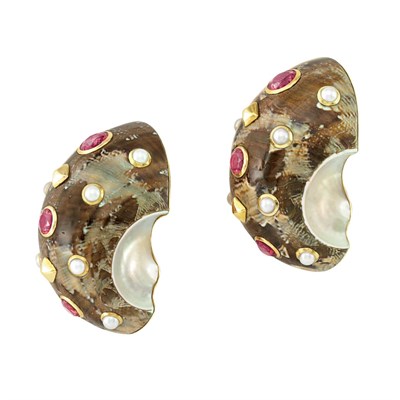 Lot 31 - Pair of Gold, Shell, Pink Tourmaline and Split Pearl Earclips, Trianon