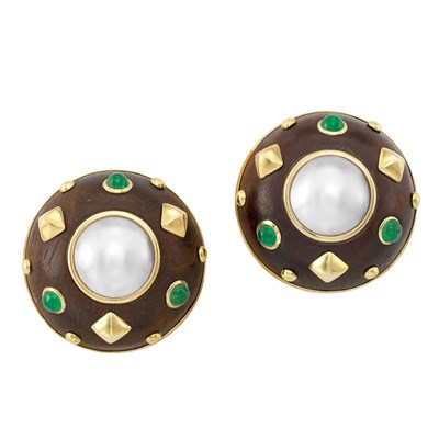 Lot 18 - Pair of Gold, Wood, Mabe Pearl and Cabochon Emerald Earclips, Trianon