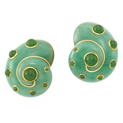 Lot 183 - Pair of Gold, Aventurine Quartz and Nephrite Earclips, Verdura