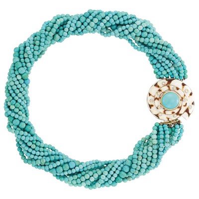 Lot 15 - Multistrand Turquoise Bead Torsade Necklace with Gold, Shell, Turquoise and Diamond Clasp, Trianon