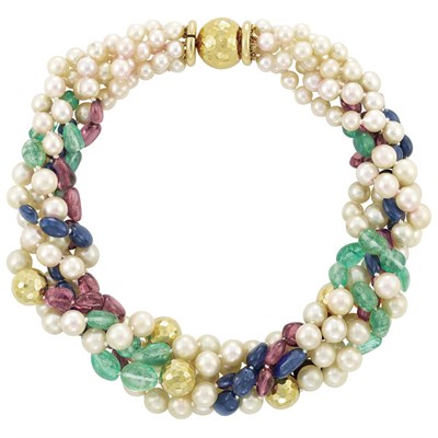 Lot 184 - Five Strand Cultured Pearl, Emerald, Sapphire, Garnet and Hammered Gold Bead Necklace, David Webb