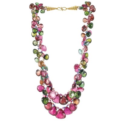 Lot 273 - Double Strand Gem-Set Bead Fringe Necklace with Gold Clasp