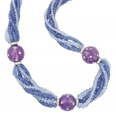 Lot 158 - Six Strand Sapphire and Amethyst Bead, White Gold and Diamond Necklace with Silver Clasp