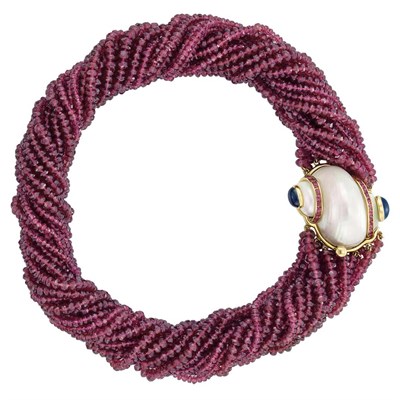 Lot 285 - Multistrand Pink Tourmaline Bead Torsade Necklace with Gold, Shell, Pink Tourmaline and Cabochon Sapphire Clasp, Seaman Schepps