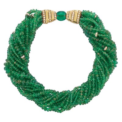 Lot 232 - Multistrand Emerald Bead, Gold and Diamond Torsade Necklace, Andrew Clunn