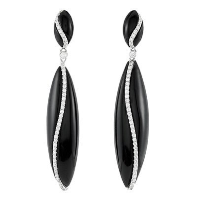 Lot 128 - Pair of White Gold, Black Onyx and Diamond Pendant-Earrings