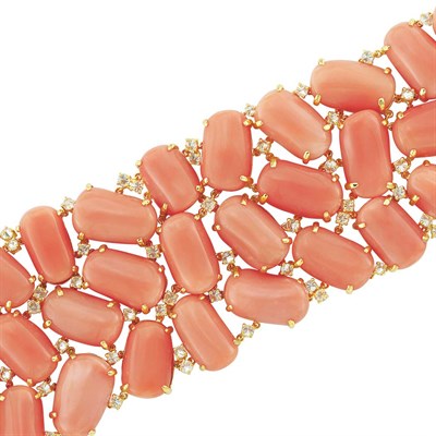 Lot 262 - Gold, Coral and Diamond Cuff Bracelet