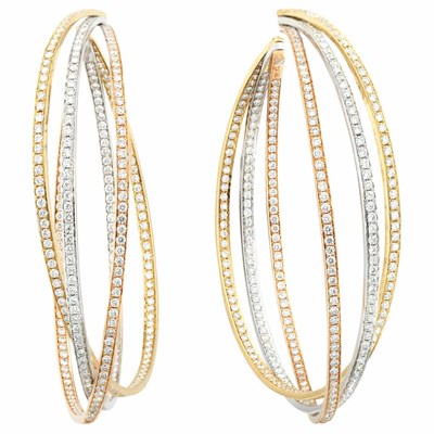 Lot 161 - Pair of Tricolor Gold and Diamond Hoop Earrings