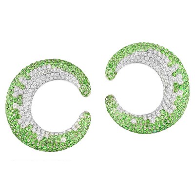 Lot 176 - Pair of White Gold, Diamond and Green Garnet Hoop Earrings