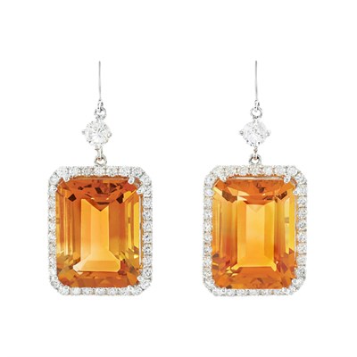 Lot 163 - Pair of White Gold, Citrine and Diamond Pendant-Earrings