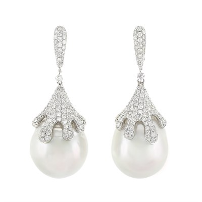 Lot 134 - Pair of White Gold, Diamond and South Sea Cultured Pearl Pendant-Earrings