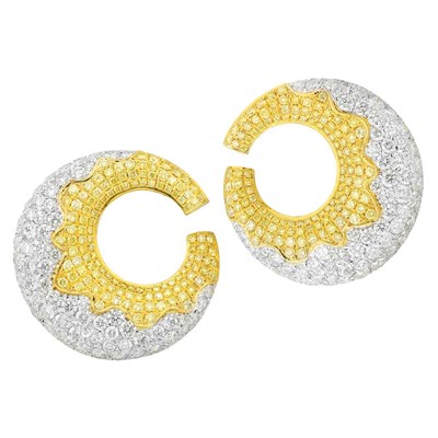 Lot 171 - Pair of Diamond and Yellow Diamond Hoop Earrings