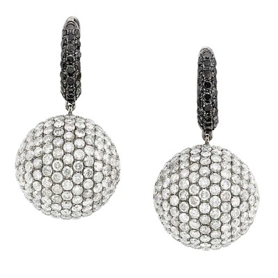 Lot 131 - Pair of Blackened White Gold, Diamond and Black Diamond Pendant-Earrings