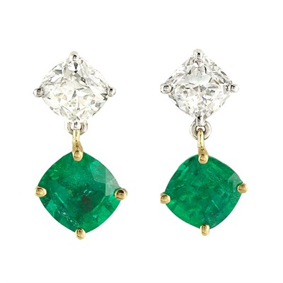 Lot 149 - Pair of Platinum, Gold, Diamond and Emerald Pendant-Earrings