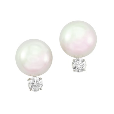 Lot 351 - Pair of White Gold, South Sea Cultured Pearl and Diamond Earclips