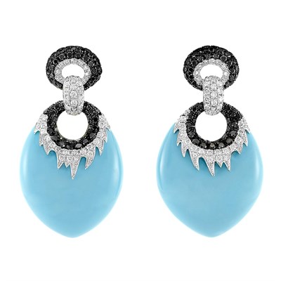 Lot 136 - Pair of Diamond, Black Diamond and Turquoise Pendant-Earrings