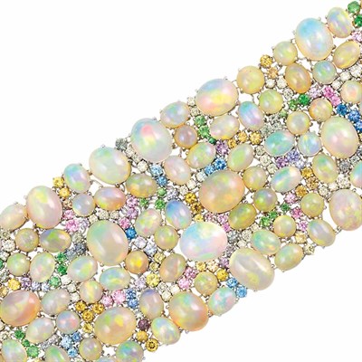 Lot 180 - White Gold, Opal, Diamond and Gem-Set Cuff Bracelet
