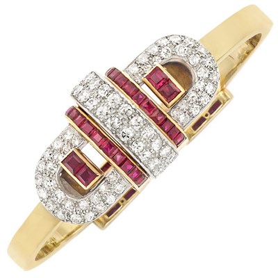 Lot 60 - Gold, Platinum, Diamond and Ruby Bangle-Watch