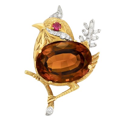 Lot 167 - Gold, Platinum, Citrine, Diamond and Ruby Bird Brooch