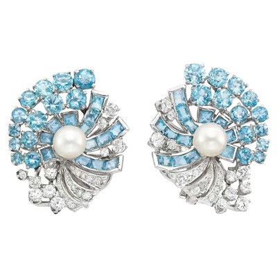 Lot 333 - Pair of Platinum, Blue Zircon, Aquamarine, Diamond and Cultured Pearl Earclips