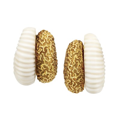 Lot 172 - Pair of Gold and Carved White Coral Earclips