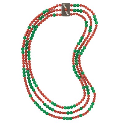 Lot 111 - Triple Strand Oxblood Coral and Dyed Green Quartz Bead Necklace with Oxidized Steel, White Gold, Coral Bead and Diamond Clasp, Marsh's