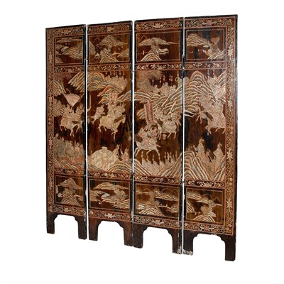 Lot 122 - Chinese Painted Wood Four-Panel Screen Height...