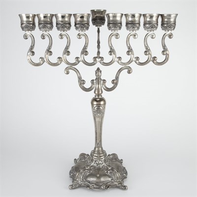 Lot 355 - Silver Plated Menorah In the Rococo style, the...