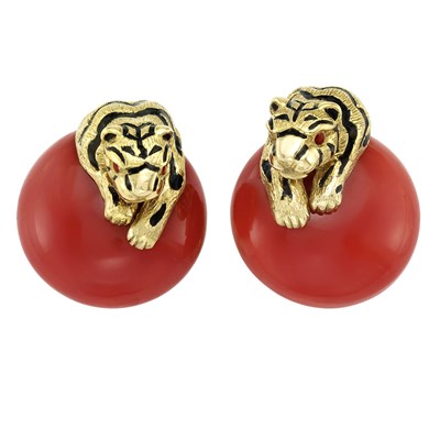 Lot 208 - Pair of Gold, Oxblood Coral and Black Enamel Tiger Earclips, David Webb