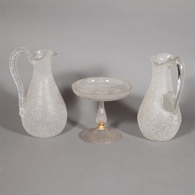 Lot 234 - Pair of Crackle Glass Pitchers; And a Compote...