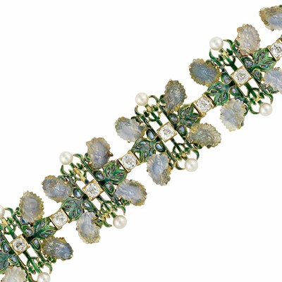 Lot 315 - Pair of Rare and Important Art Nouveau Gold, Molded Glass, Enamel, Diamond and Pearl 'Chrysanthemum' Bracelets/Necklace Combination, Rene Lalique