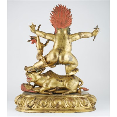 Lot 13 - Tibetan Gilt and Pigment Painted Bronze Yama...