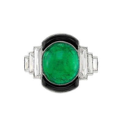 Lot 411 - Platinum, Cabochon Emerald, Black Onyx and Diamond Ring