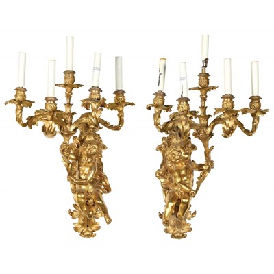 Lot 239 - Pair of Louis XV Style Gilt-Metal Figural Five-...